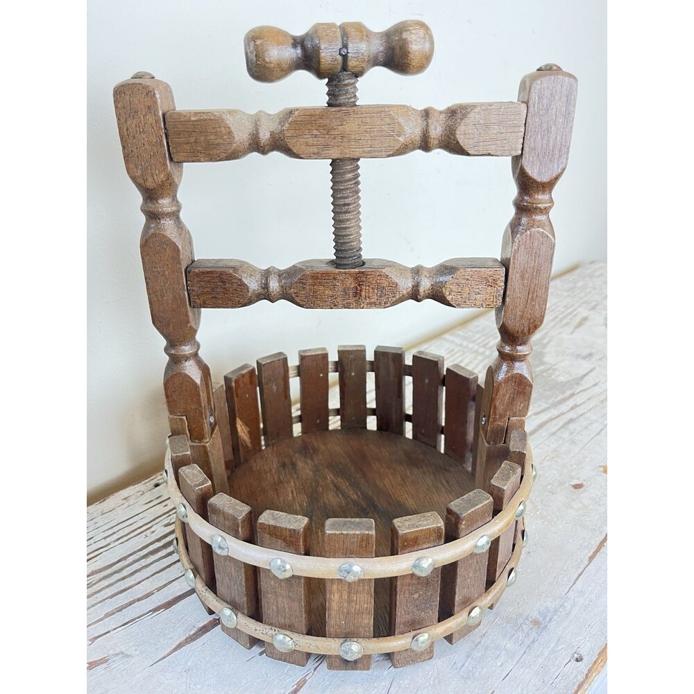 Vintage Wooden Wishing Well Nutcracker & Bowl Set MCM Rustic Cider Press Decor